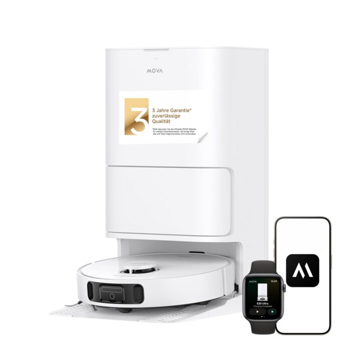 Mova E40 Ultra Saugroboter mit Wischfunktion, Autom. Leerung und 19.000 Pa, MaxiReach-Wischmopp-T., Verhedderungsfreie Seitenbürste, Eingeb. 80-ml-Wasserb, All-in-One-Station zu 75 Tage Reinigung