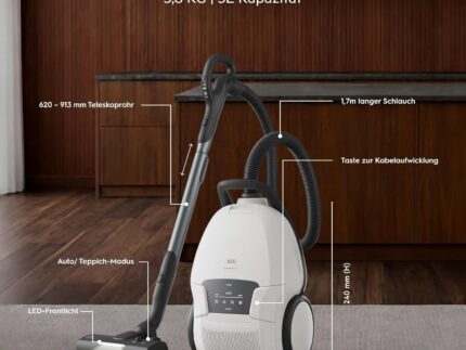 AEG Ultimate 8000 Staubsauger mit Beutel, Testsieger der Stiftung Warentest, hohe Saugleistung, Auto-Modus, Alle Böden, 48% Recyclingkunststoff, 3in1 Düse, HEPA-Filtration, 12m, LED-Licht, AB81U1SW