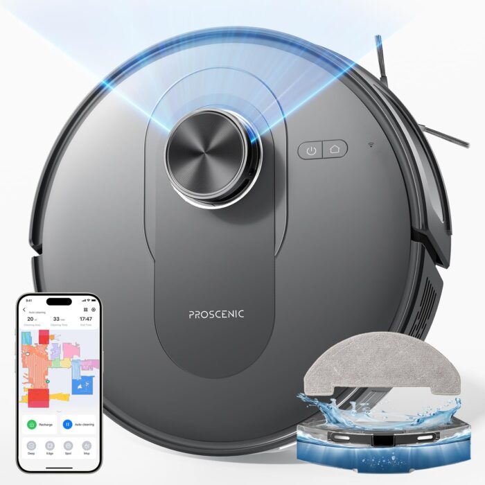 Proscenic Q20Plus Saugroboter mit Wischfunktion, 10000Pa 200min Staubsauger Roboter mit Beutellose Entleerungsstation, 3-in-1 Saug und Wischroboter für Tierhaare, Teppiche, Hartböden, Schwarz