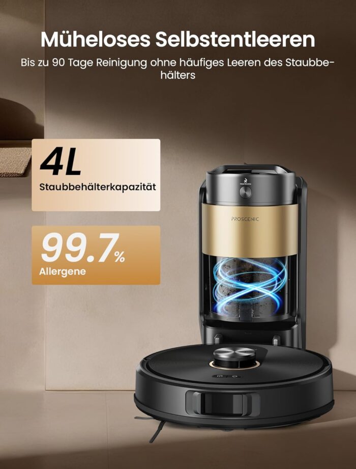 Proscenic Q20Plus Saugroboter mit Wischfunktion, 10000Pa 200min Staubsauger Roboter mit Beutellose Entleerungsstation, 3-in-1 Saug und Wischroboter für Tierhaare, Teppiche, Hartböden, Schwarz