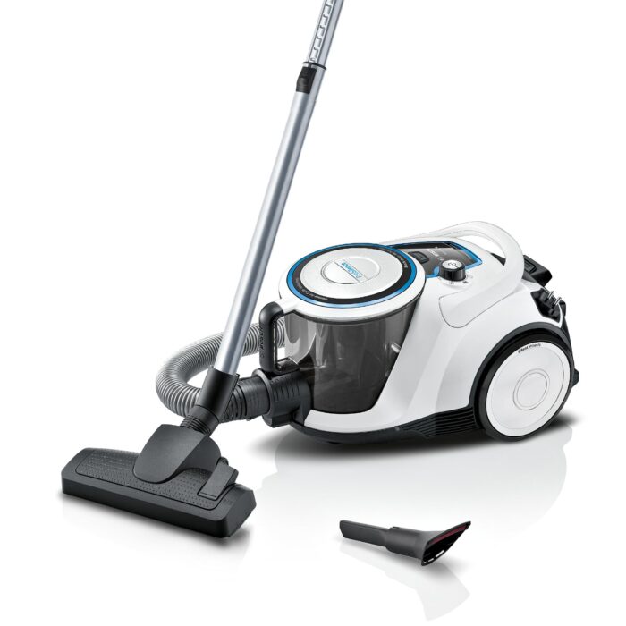 Bosch Staubsauger beutellos Serie 6 ProFamily BGC41XFMLY, ideal für Allergiker, Hygiene-Filter, 10 J. Motorgarantie, Spielzeugfalle, XXL-Polsterdüse, XXL-Fugendüse, hohe Saugkraft, leise, 750 W, blau