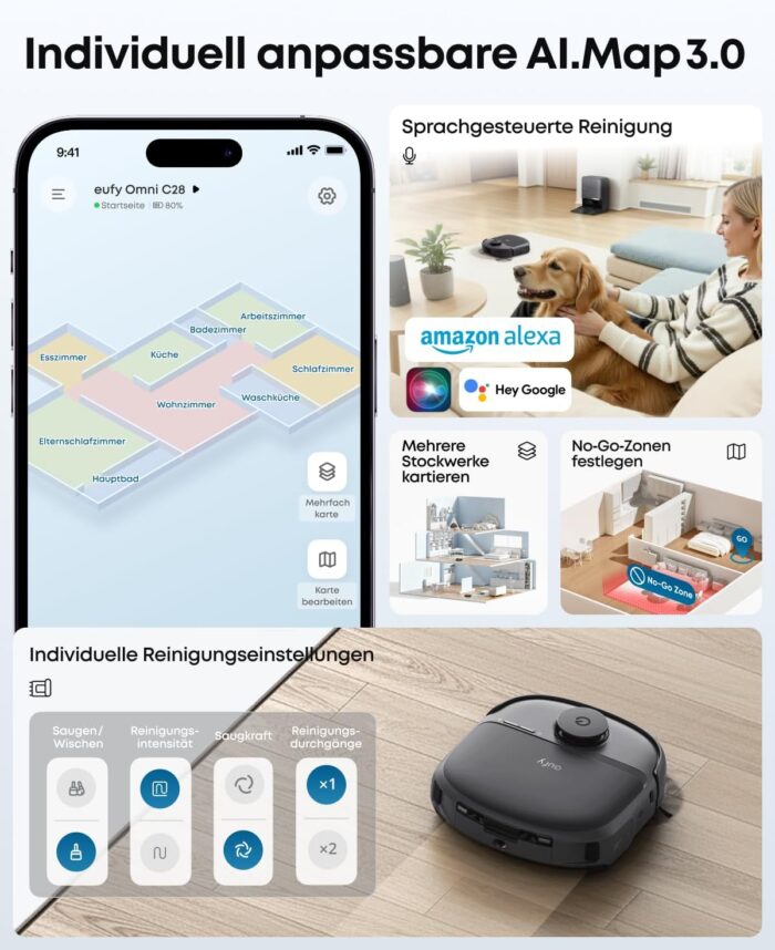 eufy Neuheit 2026 von Anker Saug- und Wischroboter C28 5-in-1 mit selbstreinigender HydroJet-Wischrolle, 15.000Pa Turbo-Saugkraft, Anti-Verheddern, KI-Hindernisvermeidung