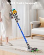 Akku Staubsauger, 50KPA/600W/70Mins Staubsauger Kabellos mit Selbststehend, 1,8L Großer Staubbecher, Anti-Tangle-Bürste, 8-stufiges Filtersystem Grünes Licht für Hartböden Teppiche Tierhaare