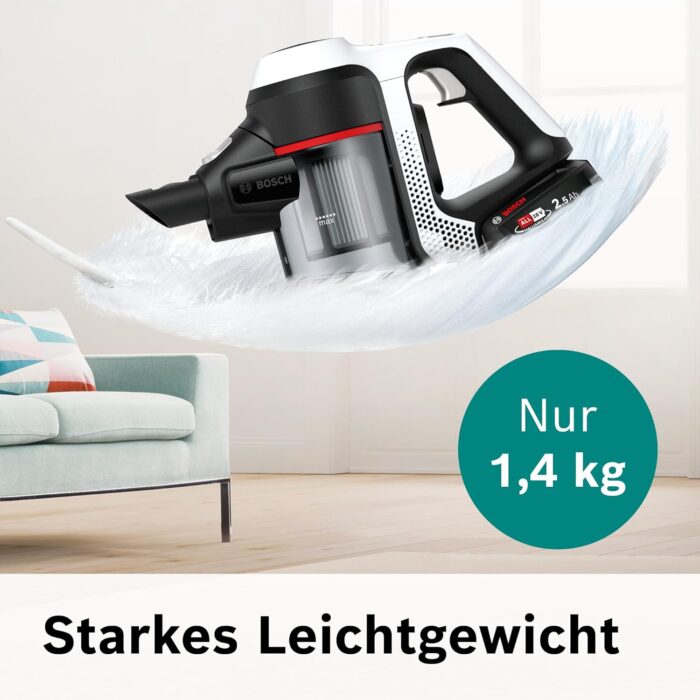 Bosch Akku-Staubsauger Unlimited 6 BCS611AM, kabelloser Handstaubsauger, beutellos, leicht, Hygiene-Filter, 10 Jahre Motorgarantie, hohe Saugleistung, Lange Laufzeit, alle Bodenarten, weiß