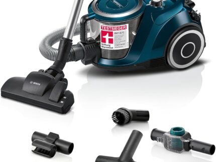 Bosch Staubsauger beutellos Serie 6 ProFamily BGC41XFMLY, ideal für Allergiker, Hygiene-Filter, 10 J. Motorgarantie, Spielzeugfalle, XXL-Polsterdüse, XXL-Fugendüse, hohe Saugkraft, leise, 750 W, blau
