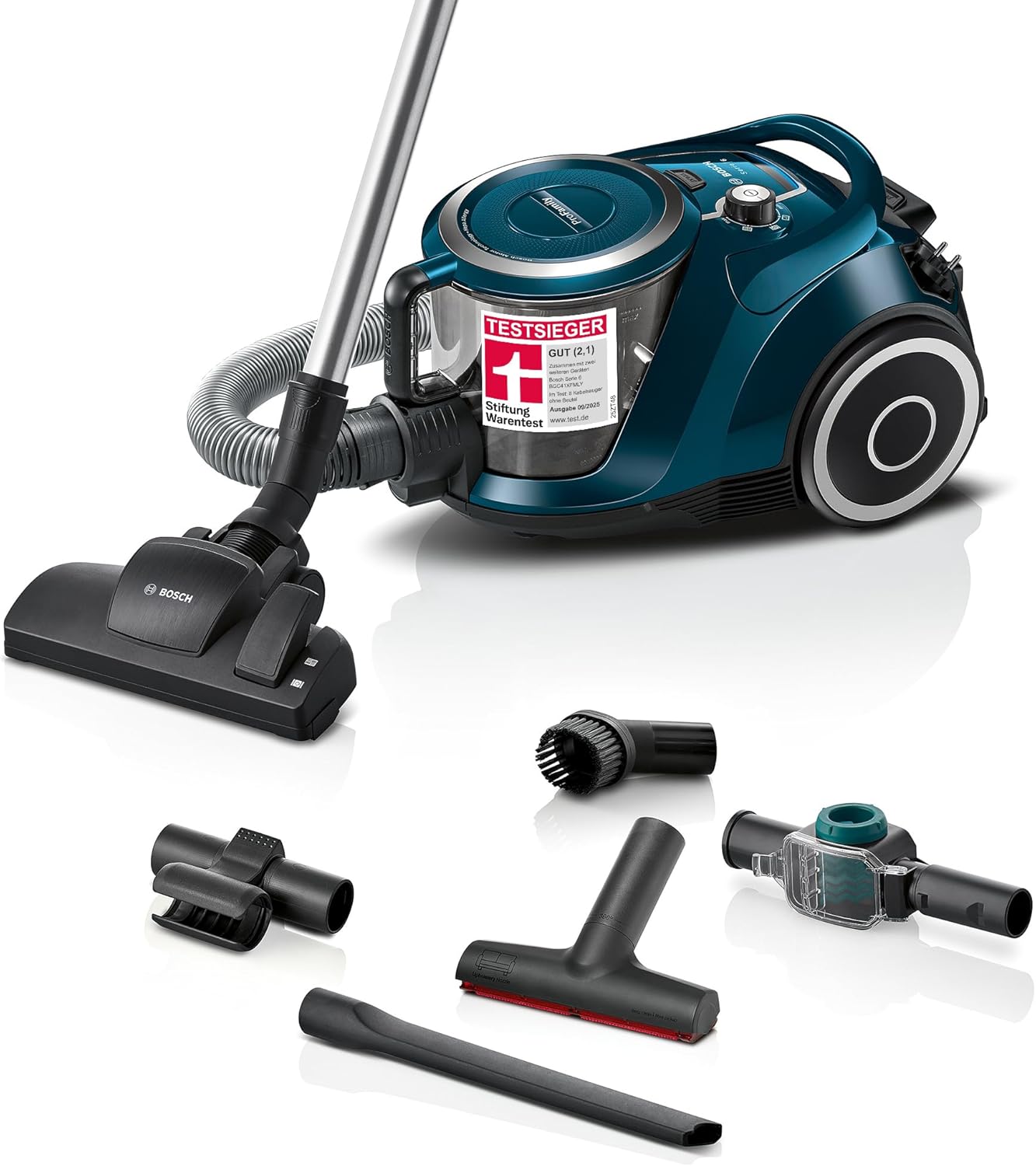 71Rm0dUa2nL._AC_SL1500 Bosch Staubsauger beutellos Serie 6 ProFamily BGC41XFMLY, ideal für Allergiker, Hygiene-Filter, 10 J. Motorgarantie, Spielzeugfalle, XXL-Polsterdüse, XXL-Fugendüse, hohe Saugkraft, leise, 750 W, blau