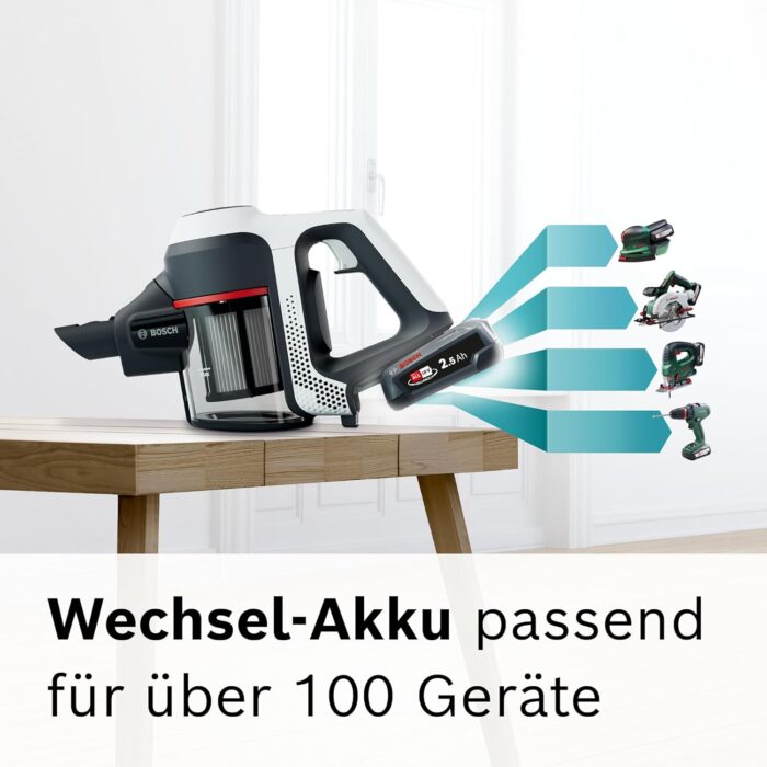 Bosch Akku-Staubsauger Unlimited 6 BCS611AM, kabelloser Handstaubsauger, beutellos, leicht, Hygiene-Filter, 10 Jahre Motorgarantie, hohe Saugleistung, Lange Laufzeit, alle Bodenarten, weiß