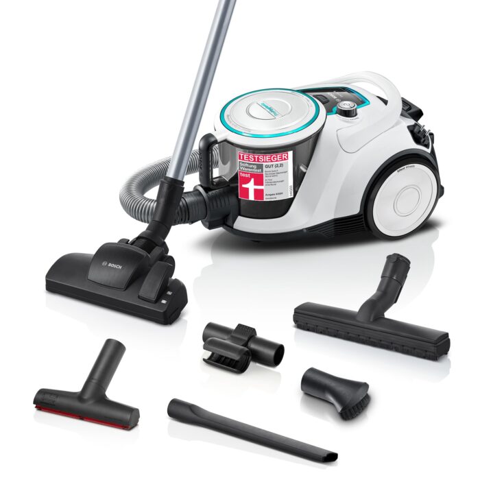 Bosch Staubsauger beutellos Serie 6 ProFamily BGC41XFMLY, ideal für Allergiker, Hygiene-Filter, 10 J. Motorgarantie, Spielzeugfalle, XXL-Polsterdüse, XXL-Fugendüse, hohe Saugkraft, leise, 750 W, blau