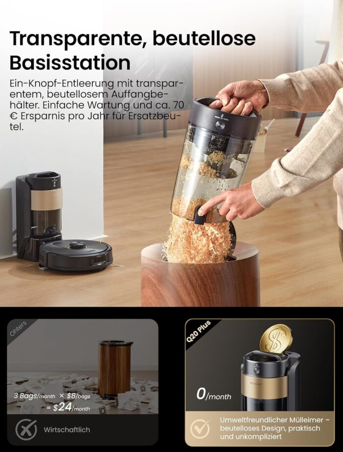 Proscenic Q20Plus Saugroboter mit Wischfunktion, 10000Pa 200min Staubsauger Roboter mit Beutellose Entleerungsstation, 3-in-1 Saug und Wischroboter für Tierhaare, Teppiche, Hartböden, Schwarz