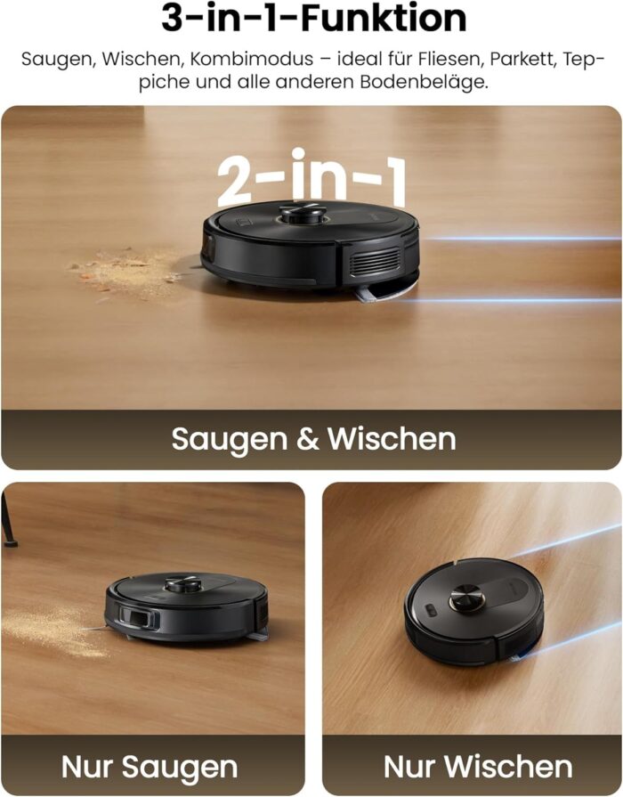 Proscenic Q20Plus Saugroboter mit Wischfunktion, 10000Pa 200min Staubsauger Roboter mit Beutellose Entleerungsstation, 3-in-1 Saug und Wischroboter für Tierhaare, Teppiche, Hartböden, Schwarz