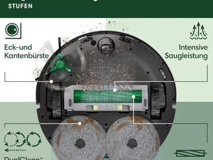 iRobot Roomba Plus 505 Combo Robot + AutoWash Dock Saugroboter mit Wischfunktion - Multifunktinales Dock - Clearview Pro LiDAR - 7000Pa - DualClean Wischpads mit PerfectEdge - SmartScrub - Schwarz