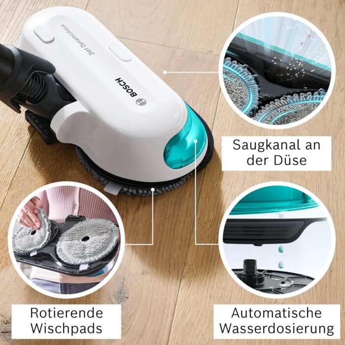 Bosch Akku-Staubsauger Unlimited 7 ProHygienic Aqua BKS71HYG4, kabellos, 2in1 Saugen & Wischen, Knickrohr, HEPA-Filtersystem, 10 J. Motorgarantie, Wechselakku, Mini-Turbo-Düse, Made in Germany, weiß