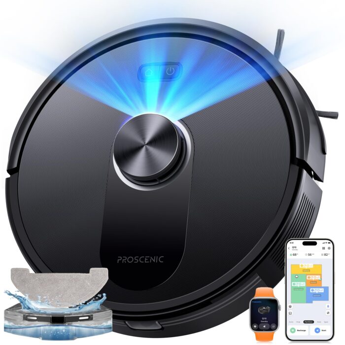 Proscenic Q20Plus Saugroboter mit Wischfunktion, 10000Pa 200min Staubsauger Roboter mit Beutellose Entleerungsstation, 3-in-1 Saug und Wischroboter für Tierhaare, Teppiche, Hartböden, Schwarz