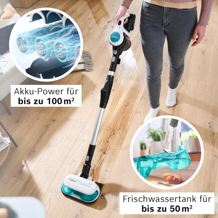 Bosch Akku-Staubsauger Unlimited 7 ProHygienic Aqua BKS71HYG4, kabellos, 2in1 Saugen & Wischen, Knickrohr, HEPA-Filtersystem, 10 J. Motorgarantie, Wechselakku, Mini-Turbo-Düse, Made in Germany, weiß
