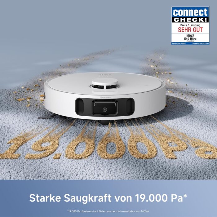 Mova E40 Ultra Saugroboter mit Wischfunktion, Autom. Leerung und 19.000 Pa, MaxiReach-Wischmopp-T., Verhedderungsfreie Seitenbürste, Eingeb. 80-ml-Wasserb, All-in-One-Station zu 75 Tage Reinigung